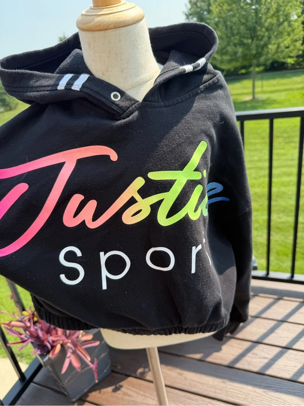 Justice Girls Black Hoodie Size 10 Medium Sport Logo Stripe Sweatshirt